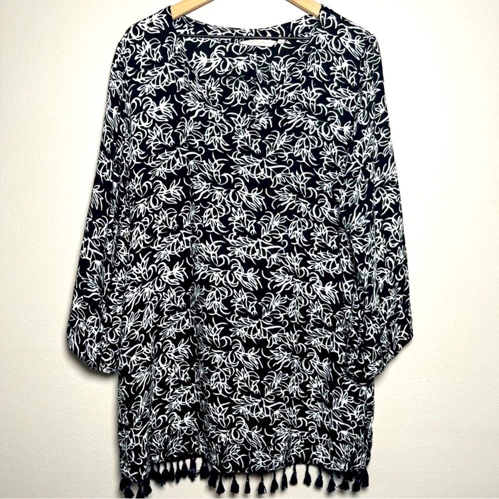 Soft Surroundings Women Tunic Dress Medium Black Floral V-Neck Tassels Resort